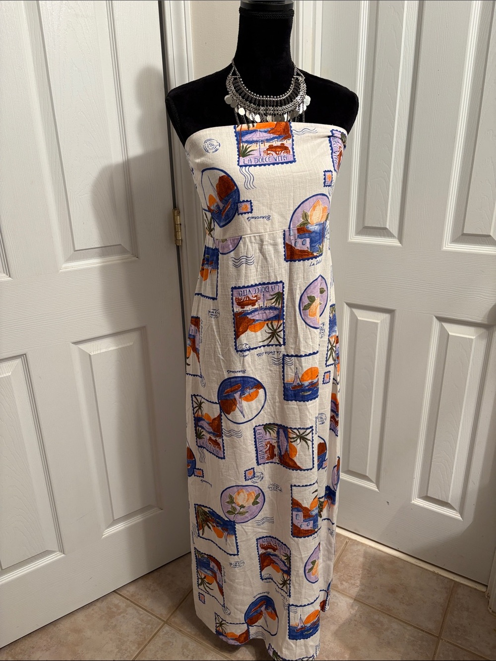 Strapless Cream Maxi Dress with Blue & Orange Scenic Print Linen Blend